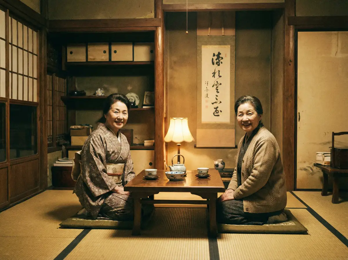 两位优雅的 欧美福利专区 在日式茶室中品茶交谈